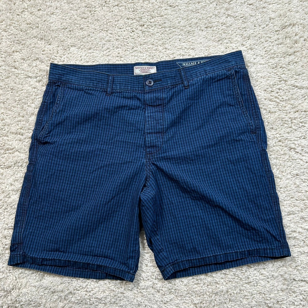 Wallace Barnes Surplus Shorts 34 Blue Micro Stripe 8" Inseam Cotton Button Fly